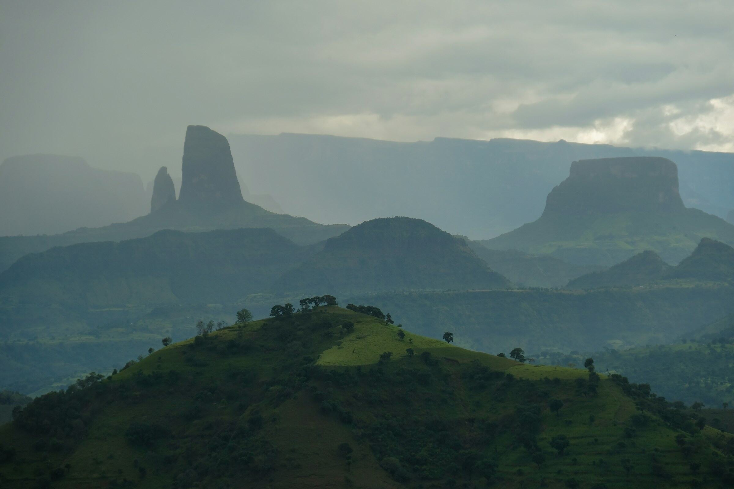 Misty mountains and green hills in the Ethiopian highlands