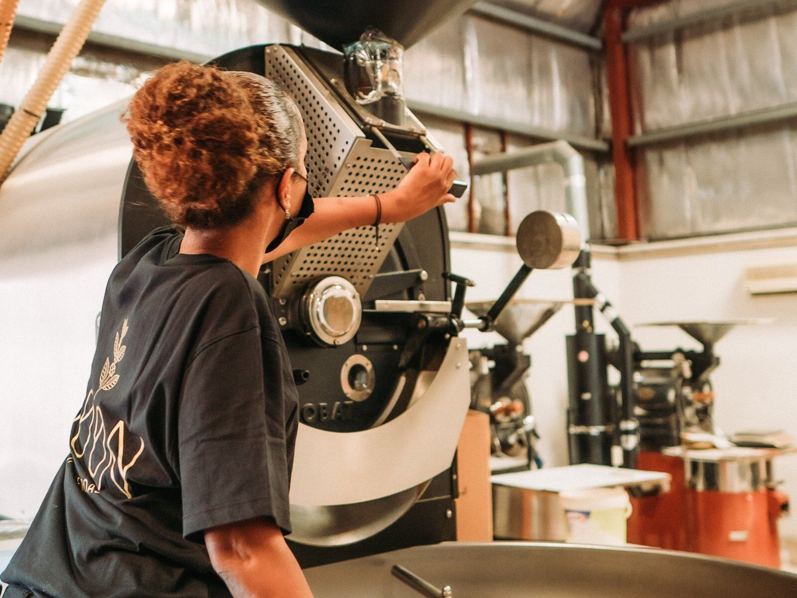 A Boon roaster working the drum at the roastery